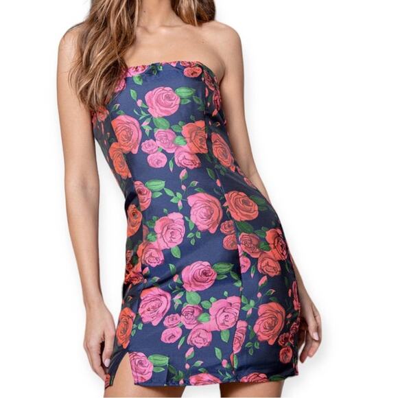 Lulus Dresses & Skirts - LLULUS Floral Jacquard Strapless Dress Blue Hot PInk